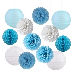 12 PCS Dusty Blue White Party Decoration Hanging Paper Flower Lanterns Pom Pom