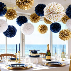 Wedding Party Decorations – 12 PCS Navy Blue and Gold Tissue Paper Pom Poms for