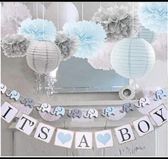 Baby shower boy elephant theme 48pcs decoration set baloons blue and grey