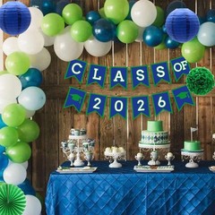 Blue Green Graduation Party Decoration Class Banner Hanging Pom Poms Flowers …
