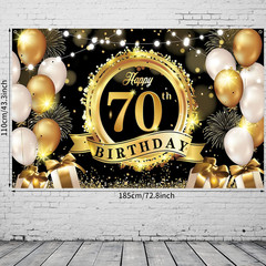 Happy 70Th Birthday Decoration Backdrop Banner Black Gold Extra Large Fabric