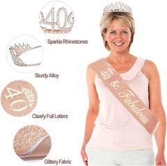 Glamorous Rose Gold 40th Birthday Party Set: Tiara, Sash & Candles Included