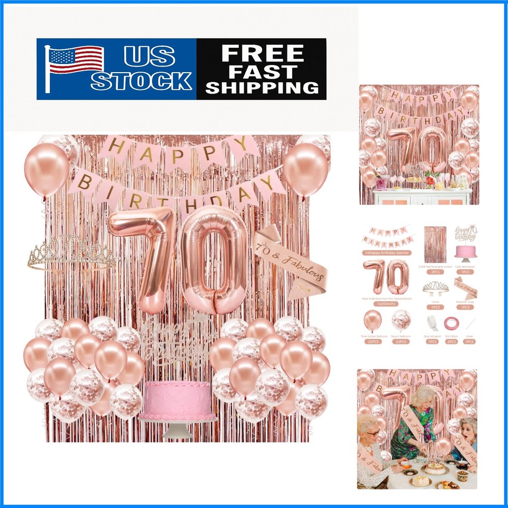Complete Rose Gold 70th Birthday Party Set: Crown, Sash & Cake Topper Included