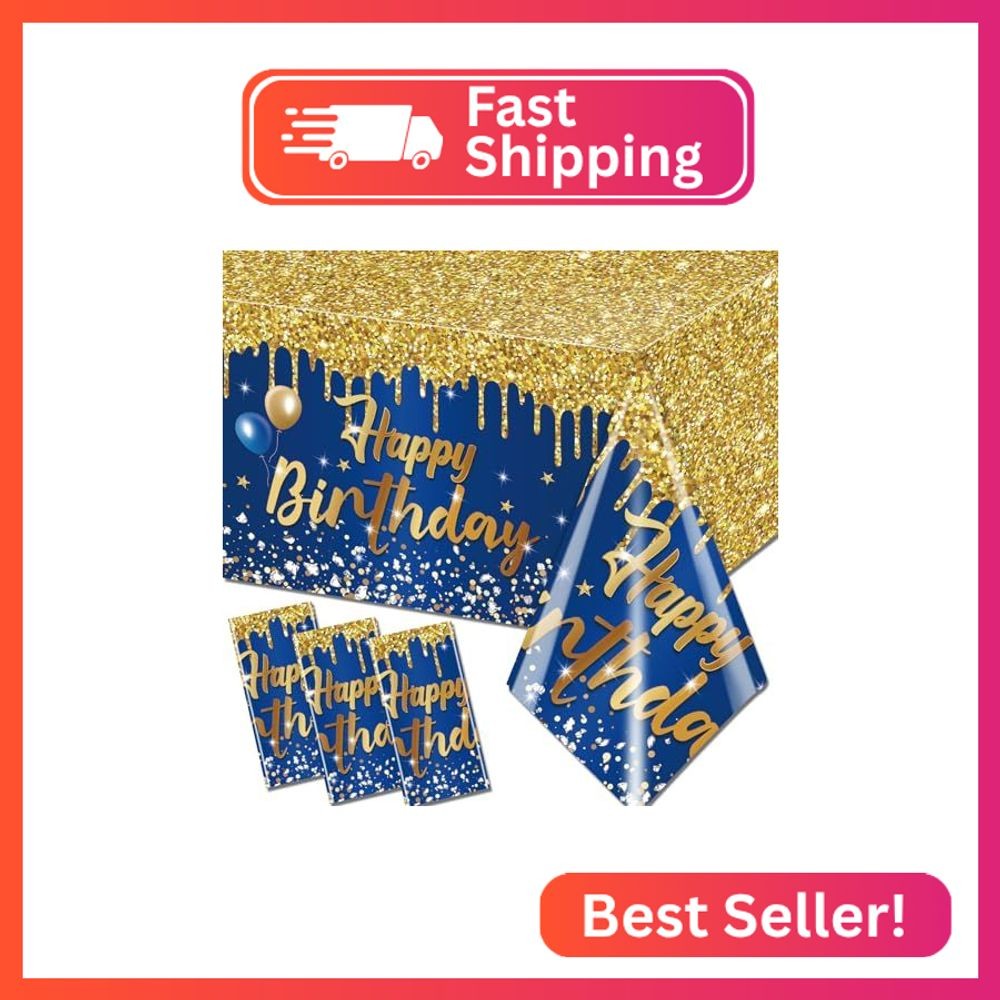 Happy Birthday Tablecloth,3pcs Navy Blue and Gold Table Cloths for Parties Glitt