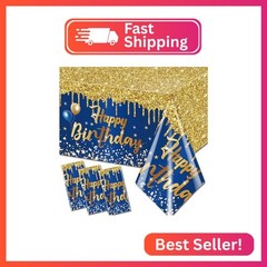 Happy Birthday Tablecloth,3pcs Navy Blue and Gold Table Cloths for Parties Glitt