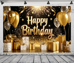 7X5Ft Black and Gold Happy Birthday Backdrop Glitter Balloon and Fireworks