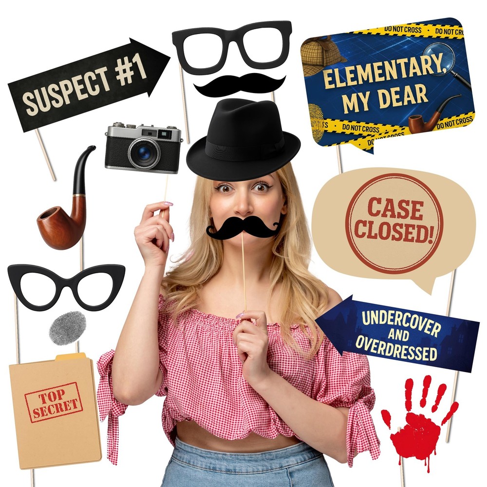 Photo Booth Props for Detective Spy Party, Mystery Game Night Supplies, 20-Piece