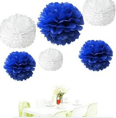 12pcs White & Blue Tissue Paper Pom Poms Hanging Garland Party Decor 8″ 10″ 14″