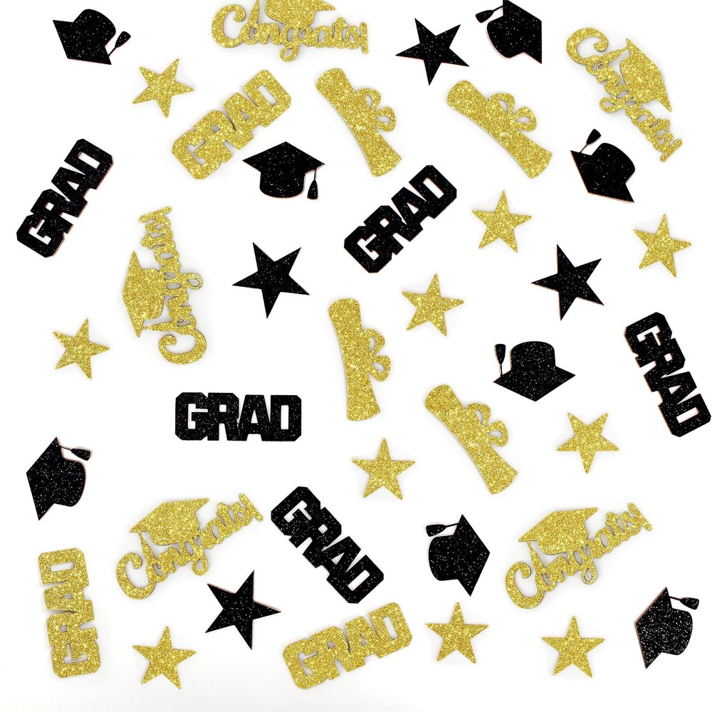 Black Gold 2025 Graduation Confetti Grad Cap Star Table Scatter Decor