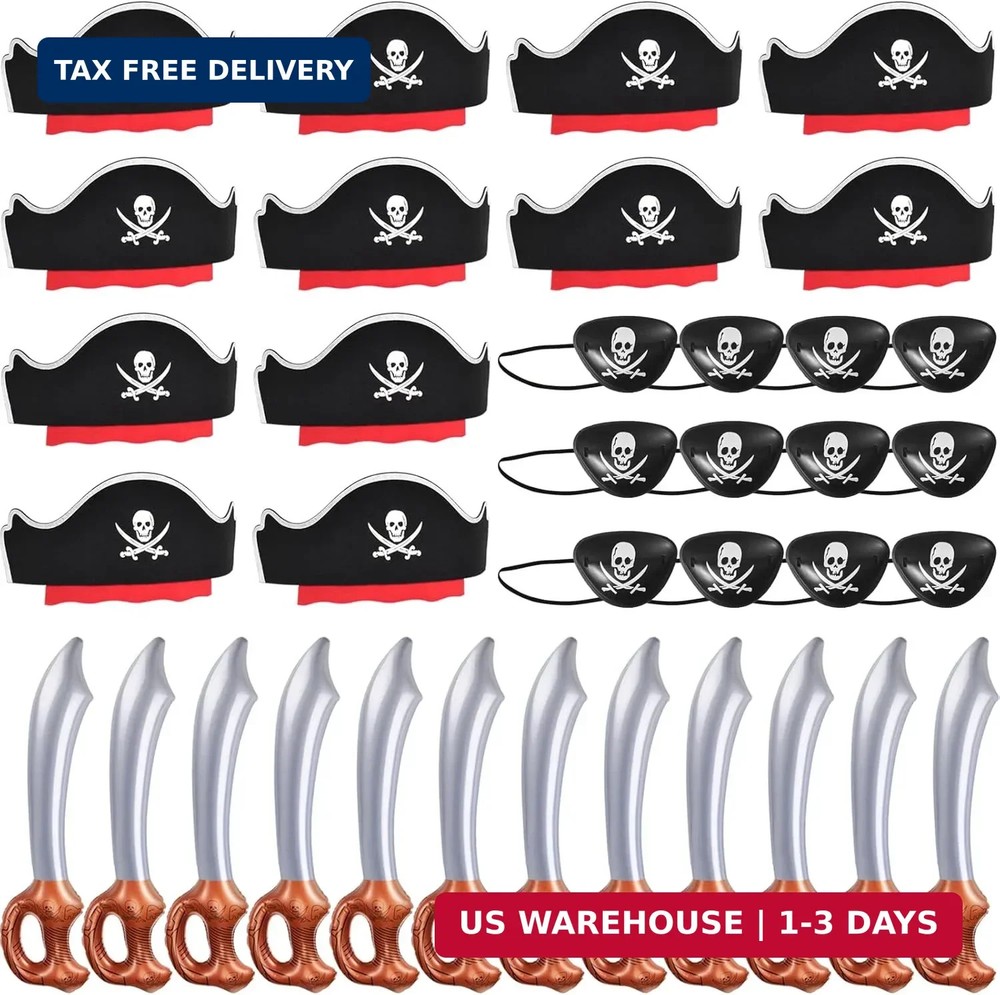 ZeeDix 36 Pcs Pirate Accessories for Kids, Include 12 Pirates Hats, 12 Eye Patch