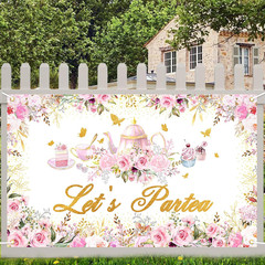 Tea Party Backdrop Floral Butterfly Glitter Let’S Partea Banner Afternoon Tea Ba