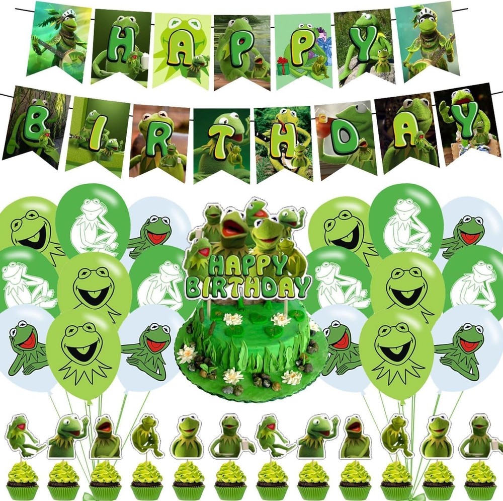 Frog Party Decorations,Kermit Frog Birthday Party Supplies Includes Banner- Cake
