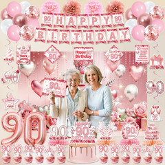 90Th Birthday Decorations for Women, Pink Rose Gold Flower 90 Years Old Party