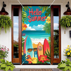 Hello Summer Decorations Surfboard Beach Door Cover Backdrop 71X35 Inch
