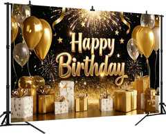 7X5Ft Black and Gold Happy Birthday Backdrop Glitter Balloon and Fireworks