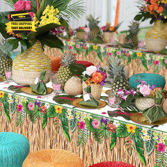 2 Pack Hawaiian Luau Grass Tablecloths, Hawaii Luau Table Skirt Party Decoration