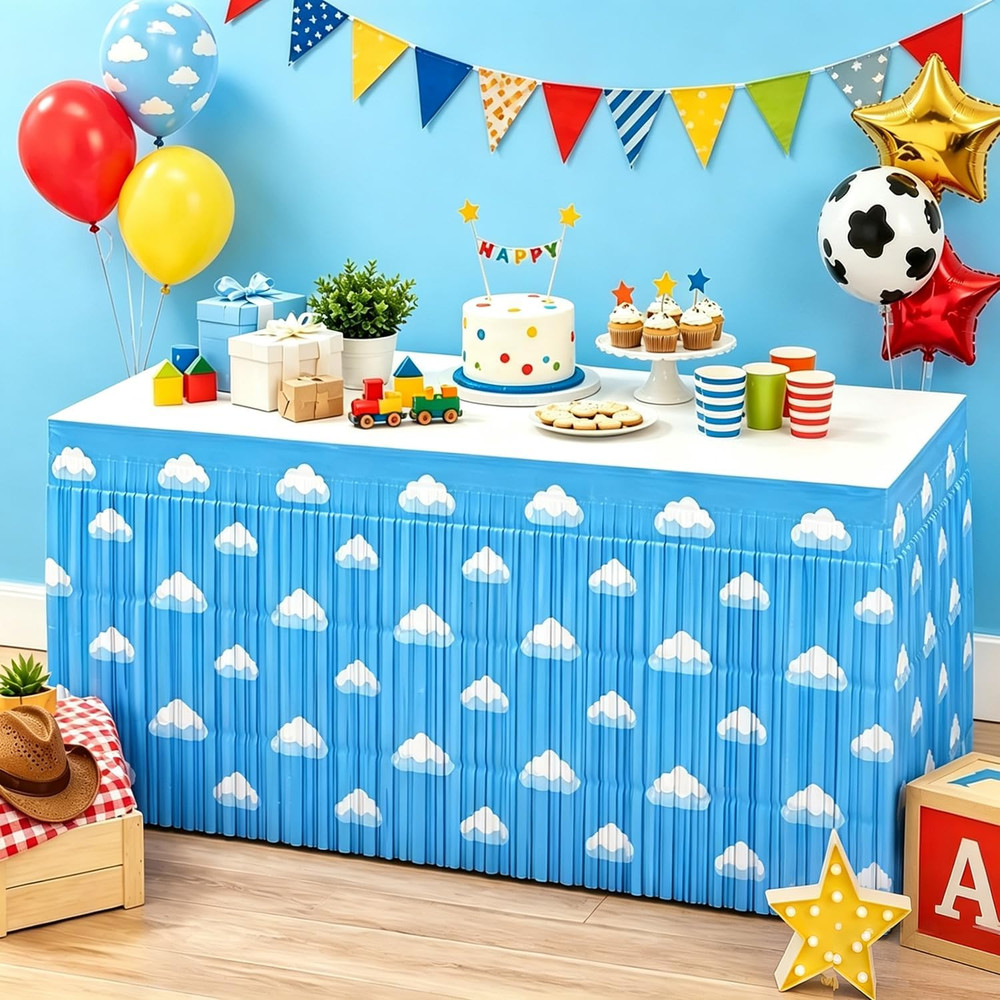 Blue Sky White Clouds Metallic Foil Tinsel Fringe Table Skirt Birthday Party Dec