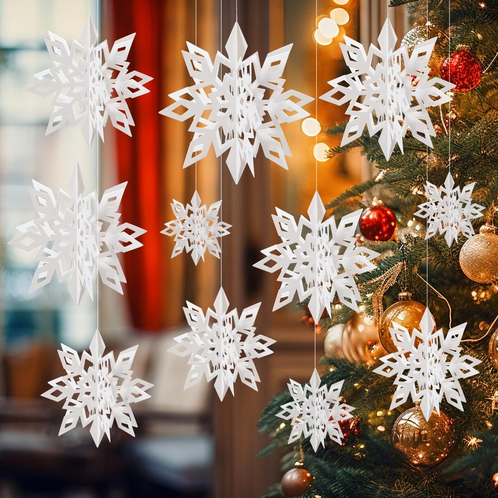 18pcs 3D White Large Snowflake Decorations, Holographic Paper Hanging Snowfla…
