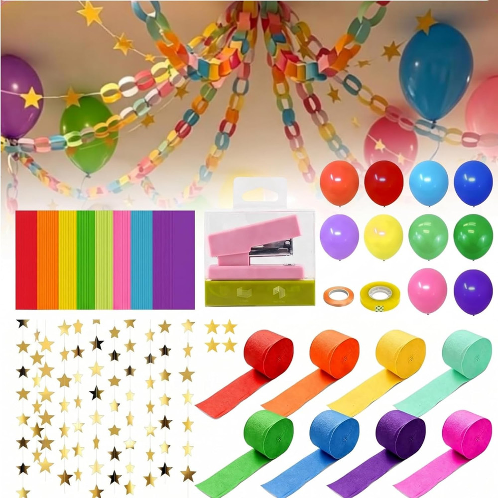800Pcs Paper Party Decoration Kit—8 Colors Paper Chain Strips, Crepe Paper Strea