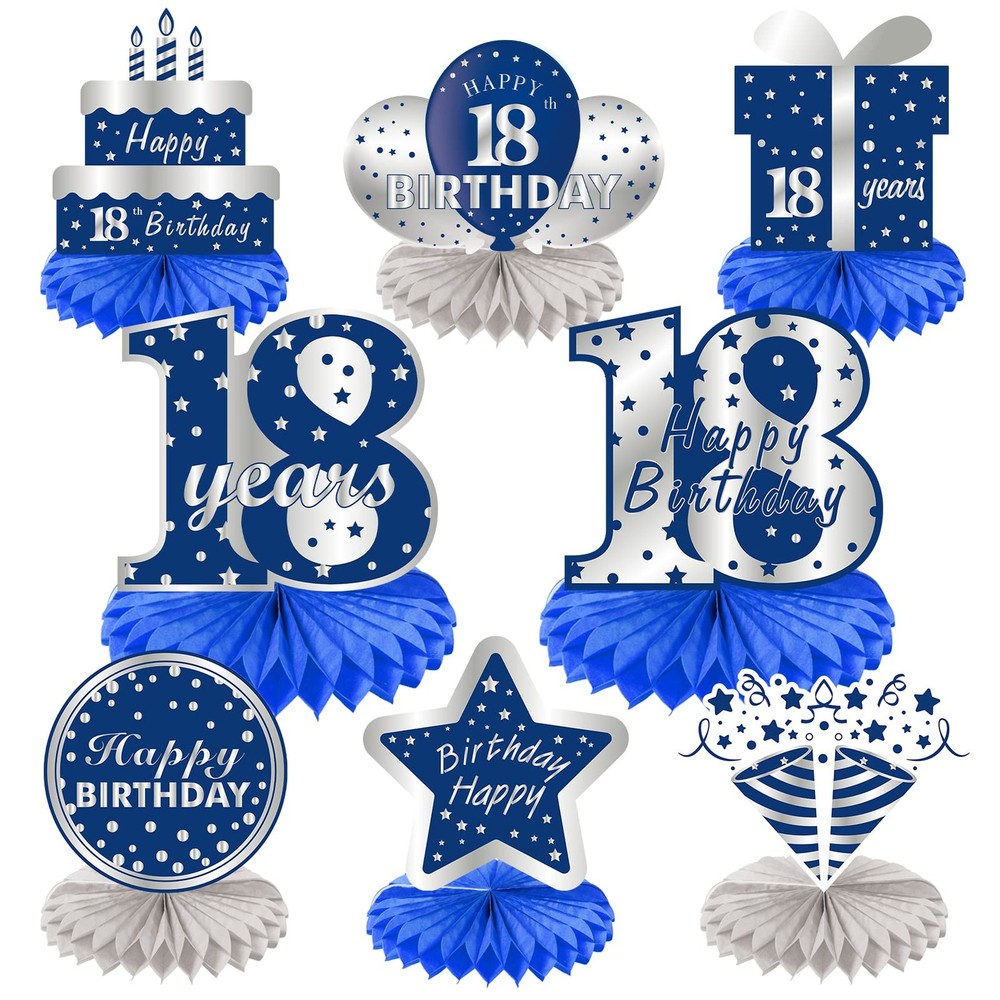 18th Birthday Table Centerpiece 8 PCS Blue Silver Honeycomb Party Decor