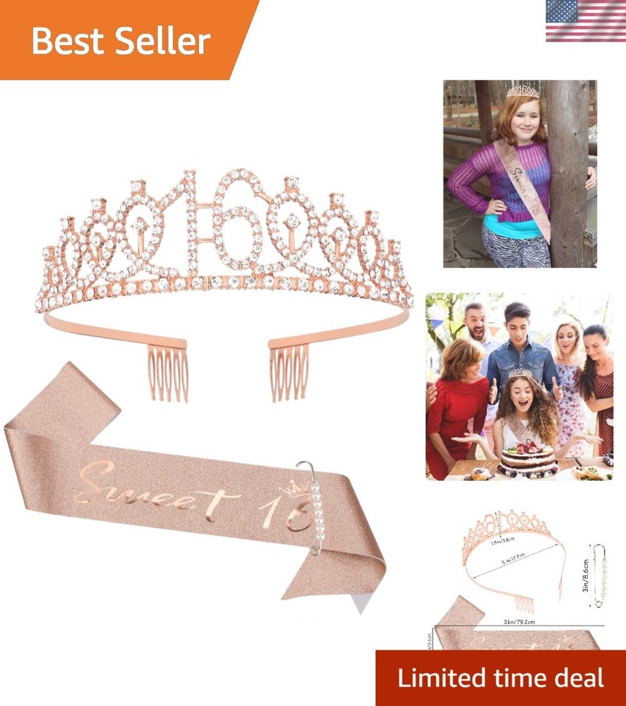All-in-One 16th Birthday Tiara and Sash with Adjustable Fits – Glamorous Style