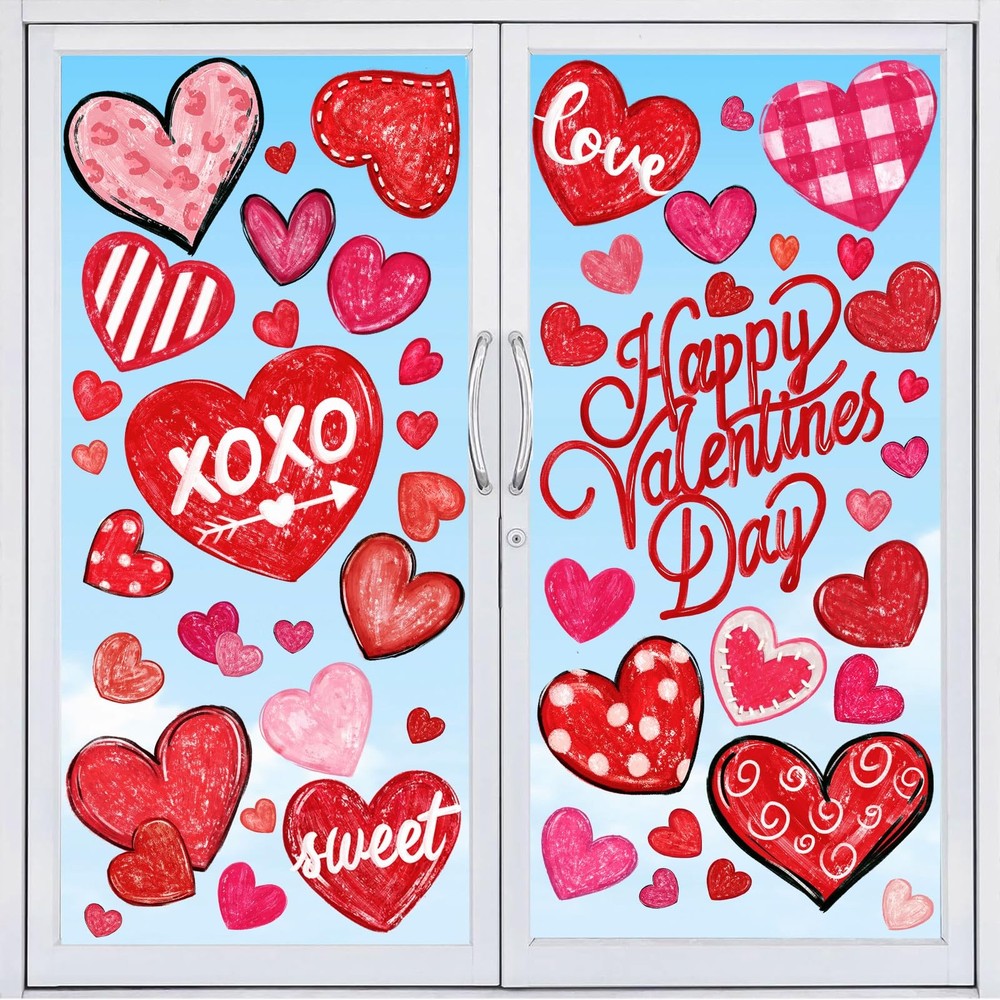 DIYDEC 6 Sheets Valentines Window Cling Double-Sided Pink Red Love Heart