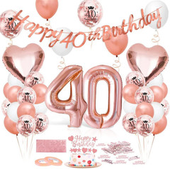 Rose Gold 40th Birthday Decorations Set for Women Banner, Number Balloon, Heart