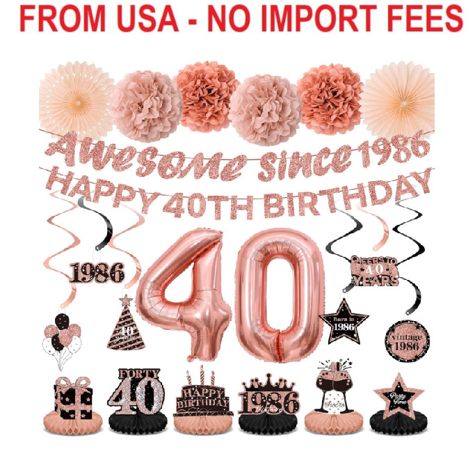 40th Birthday Decorations Kit for Women, Rose Gold Happy 40th Birthday Banner, A