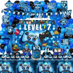 7th Birthday Decorations for Boys, 149Pcs Blue Video Game level 7 Party Suppl…