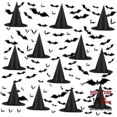 12pcs Halloween Black Witch Hat with 157 FT Nylon Cord &120pcs Bat Sticker