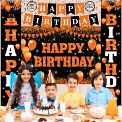 48pcs Orange Decorations, Orange Black Happy Banner for Men with Backdrop Bal…