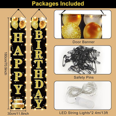 Birthday Lighted Banner Decorations for Men Women – Black Gold Happy