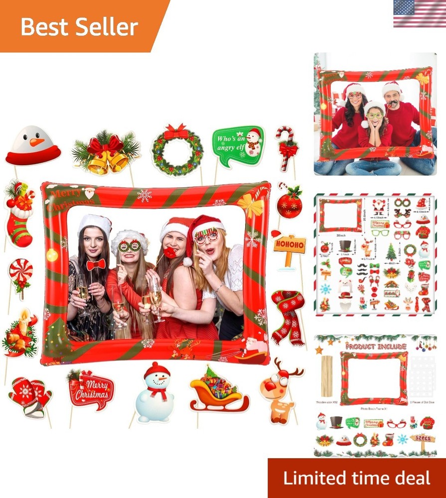 Christmas Photo Booth Props 53 PCS Set – Large Frame 30×25.6 in, Pose Sign Pi…