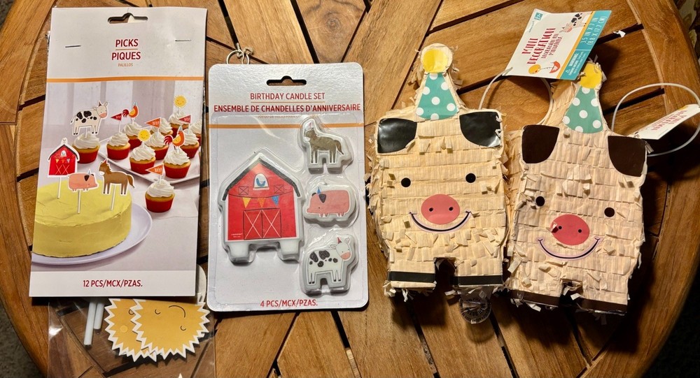 Farm Animals Barn Birthday Party Cupcake Toppers Candles 2 Mini Piñatas LOT