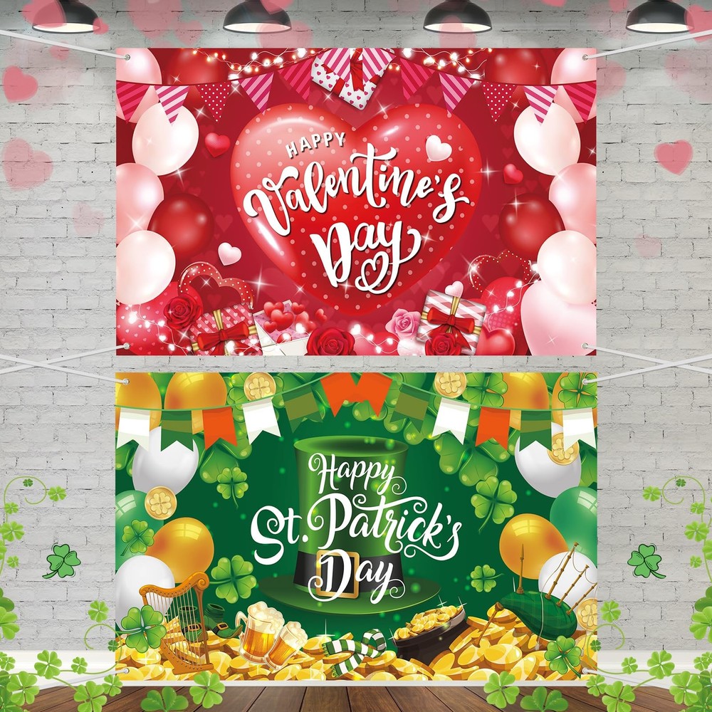 2Pcs Happy Valentine’s Day Backdrop Banner and St. Patrick’s Day Backdrop Ban…
