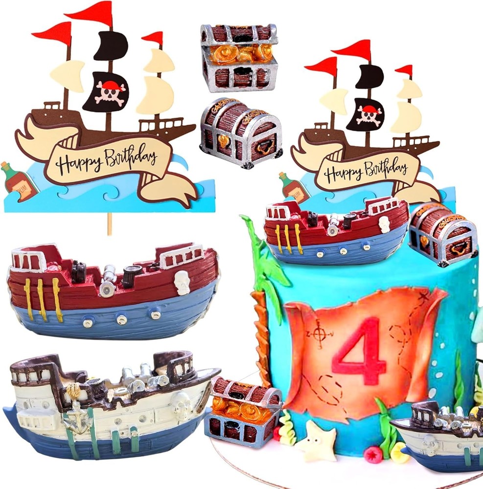 Pirate Ship Cake Topper Nautical Sailboat Model Decoration Set Gold Coins and…