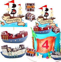 Pirate Ship Cake Topper Nautical Sailboat Model Decoration Set Gold Coins and…