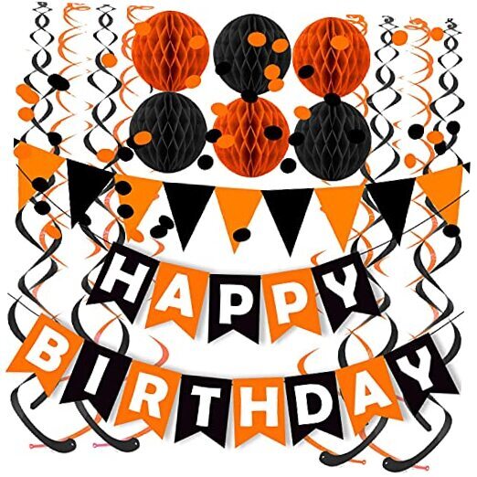 Fecedy Happy Birthday Banner Paper Triangle Flag Bunting Circle Black Orange