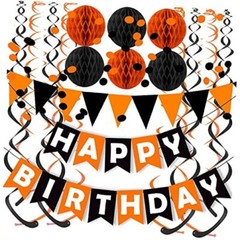 Fecedy Happy Birthday Banner Paper Triangle Flag Bunting Circle Black Orange