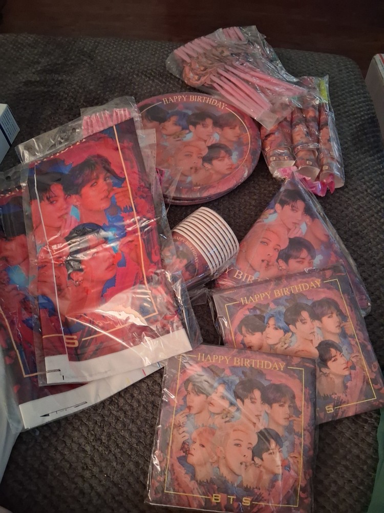 Kpop BTS Birthday Party Kit Supplies Table Covers Plates Cups Hats Straws +