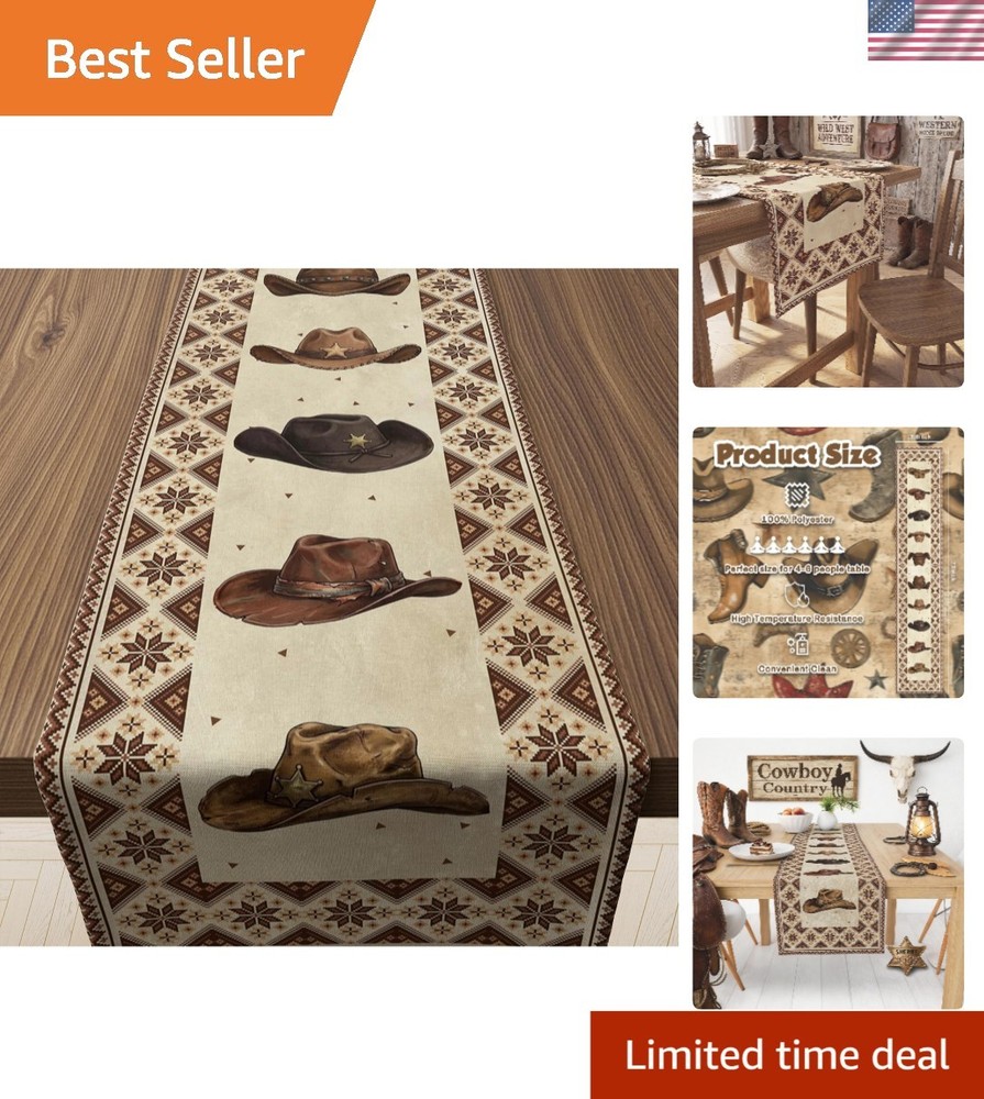 Cowboy Hat Patterned Table Runner – 72″L Western Style for Home & Parties