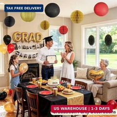 14 Pack Red Black and Gold Party Decorations Kit, Hanging Paper Lanterns & Fans