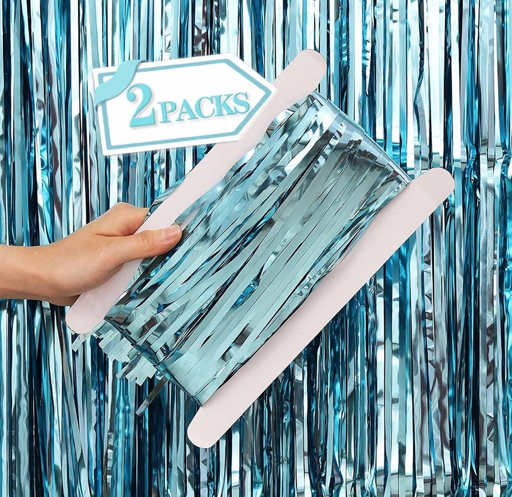2 Pack 3.2 Ft X 8.3 Ft Light Blue Foil Metallic Fringe Streamers Tinsel Backdrop