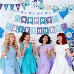 7 Pcs Happy Birthday Banner, Blue Banner with Snow Triangle Tassel Snowflake