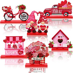 Valentine‘S Day Decorations Flower Gnomes Heart Truck Wooden Signs Tabletop 6Pcs