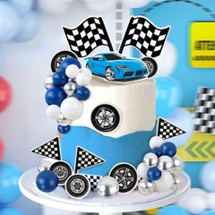 42Pcs Black Blue Race Car Balls Cake Decorations Check Flag with Multicolor B…