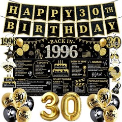 30th Birthday Decorations for Men Women Black Gold, 37PCS S, 30/1996