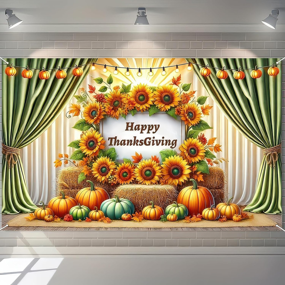 Thanksgiving Backdrop Banner 71×43″ Sunflower Pumpkins Outdoor Decor