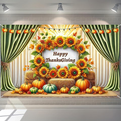 Thanksgiving Backdrop Banner 71×43″ Sunflower Pumpkins Outdoor Decor