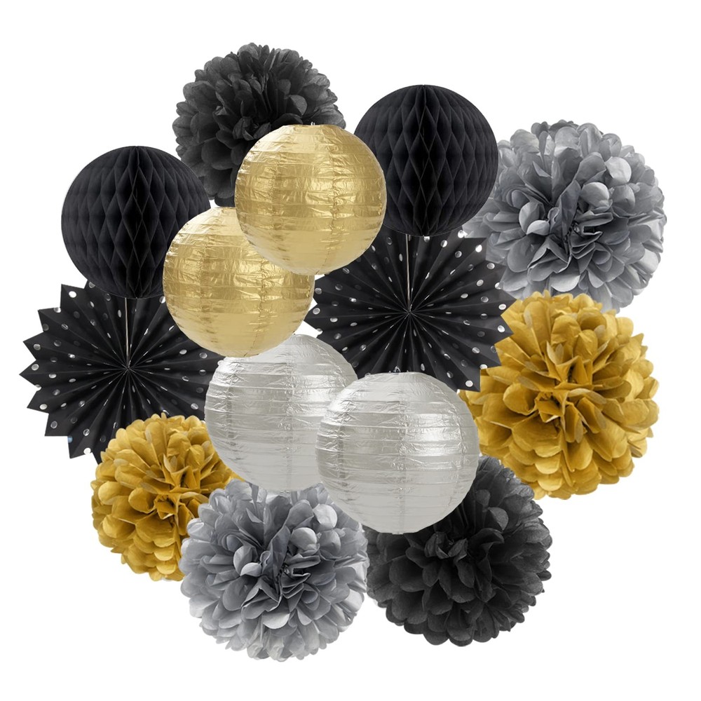 14 PCS Black Gold Silver Streamers Lanterns Paper Fan Pom Poms Party Decor